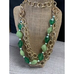 Gold Tone Multi Strand Green Bead Chunky Chain Statement Necklace 32 Inch